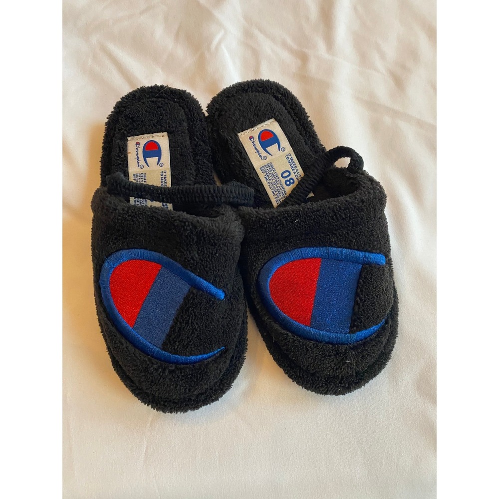 Champion Kids Embroidered Logo Cozy Fleece Slippers Size 8 Black Red Blue